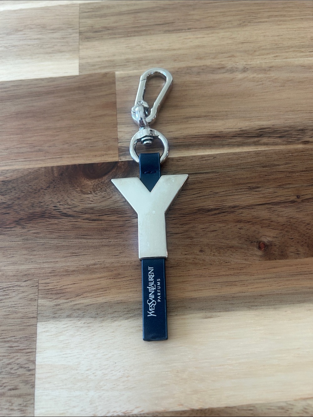 Yves Saint Laurent Black & Silver Y Keychain Charm with Logo Tag